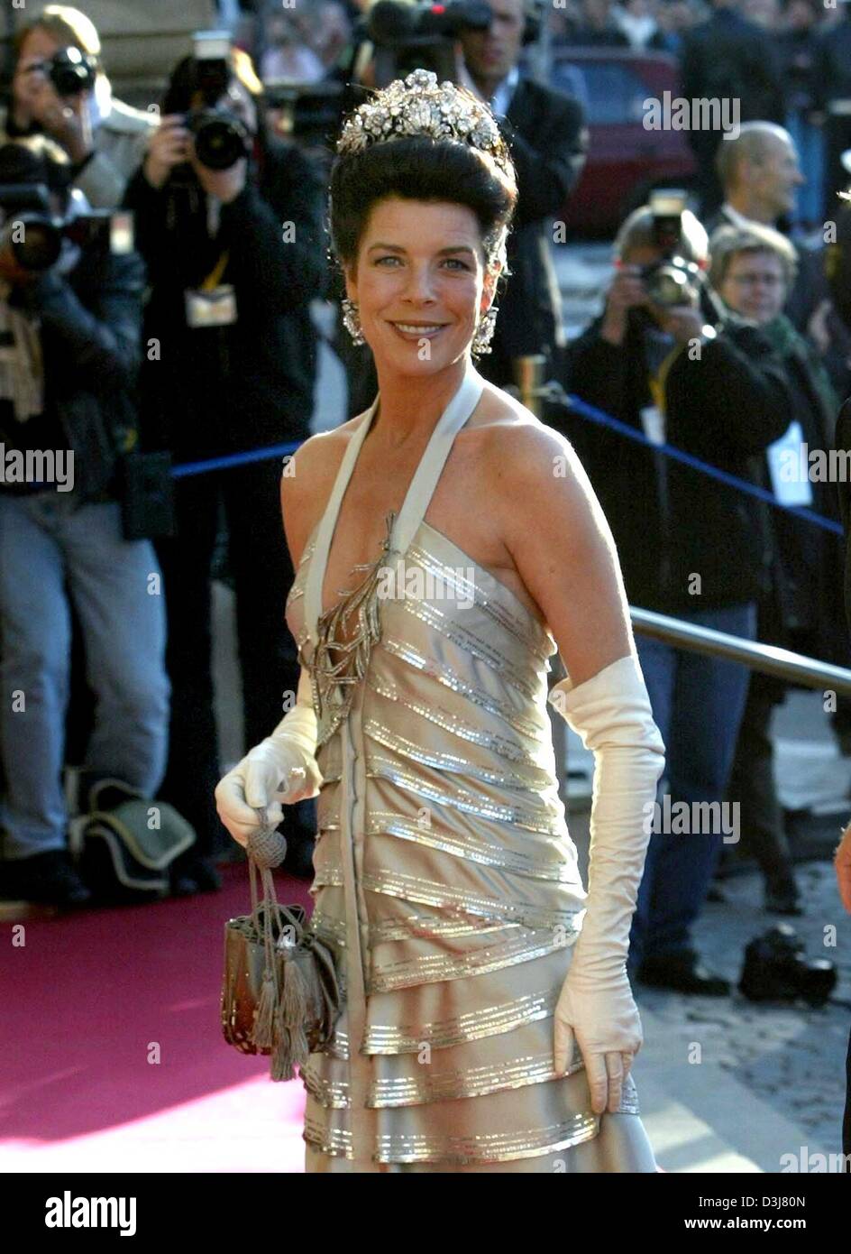 (dpa) - On the eve of the wedding of Crown Prince Frederik of Denmark and Mary Donaldson, Princess Caroline of Hanover arrives for a gala at the Royal Theatre in Copenhagen, Denmark, 13 May 2004. Stock Photo