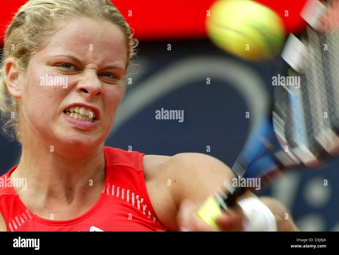 (dpa) The world's second ranked female tennis player, Belgian Kim Clijsters, hits a hard