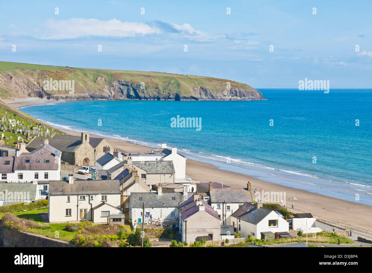 Village of Aberdaron Bay and St Hywyn's church Lleyn or Llyn peninsula Gwynedd North Wales GB UK EU Europe Stock Photo