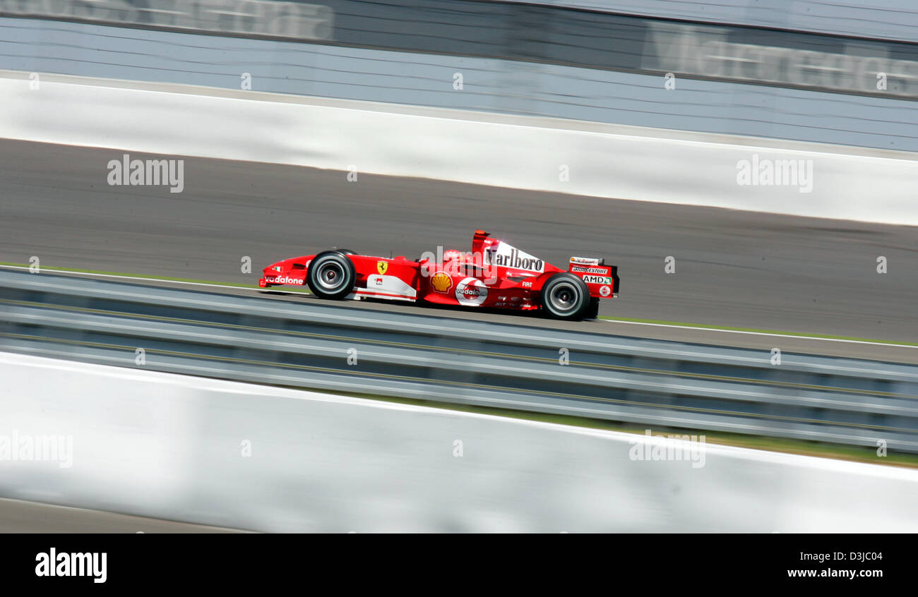 (dpa) - German Formula One driver Michael Schumacher of Ferrari in action during the first practice session at the Nuerburgring circuit in Nuerburg, Germany, Friday 27 May 2005. The Grand Prix of Europe takes place here on Sunday 29 May. Stock Photo