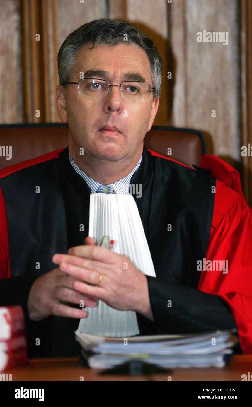 (dpa) - Judge Jerome Bensussan sits in the Criminal Court in Strasburg, France, Wednesday 18 May 2005. Almost five years after a series of femicides the assumed 'phantom of Kehl' has to account for his actions at the Criminal Court. A 31-year old French man born in Guadeloupe is accused of three murders committed in Strasburg and the German provincial town Kehl between October 1999 Stock Photo