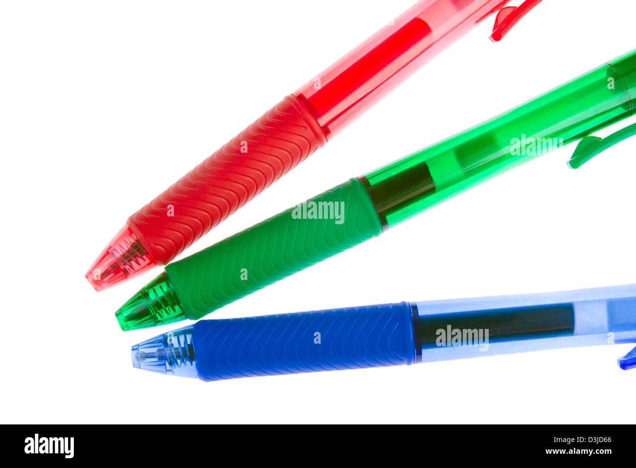 Red, green and blue ballpoint pens on white background Stock Photo
