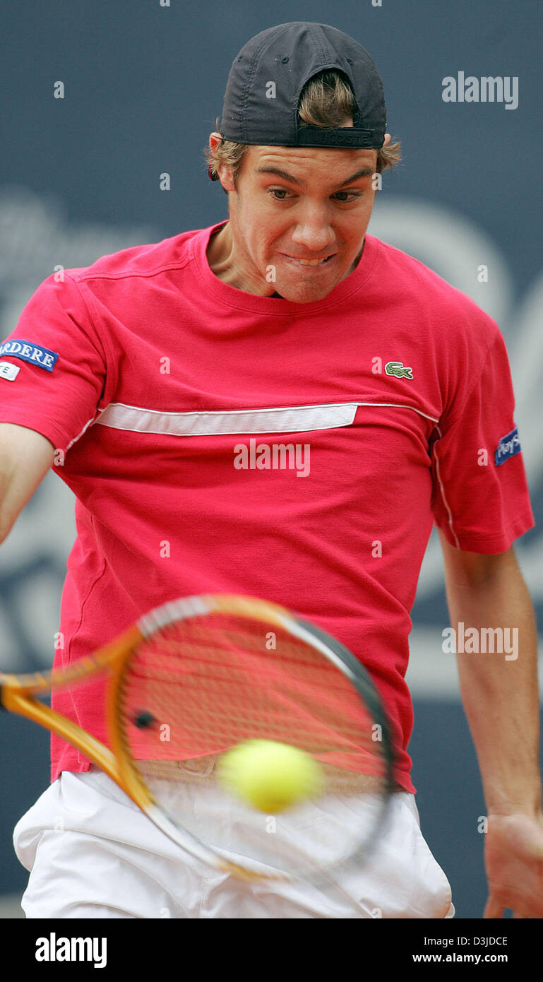 (dpa) - French tennis  pro unseeded Richard Gasquet (18) returns the ball during his second-round match against Olympic gold medalist Chilean Nicolas Massu at the ATP Master Tennis Tournament in Hamburg, Germany, 11 May 2005. Gasquet won the match 2-6. 6-2 and 6-2. Stock Photo
