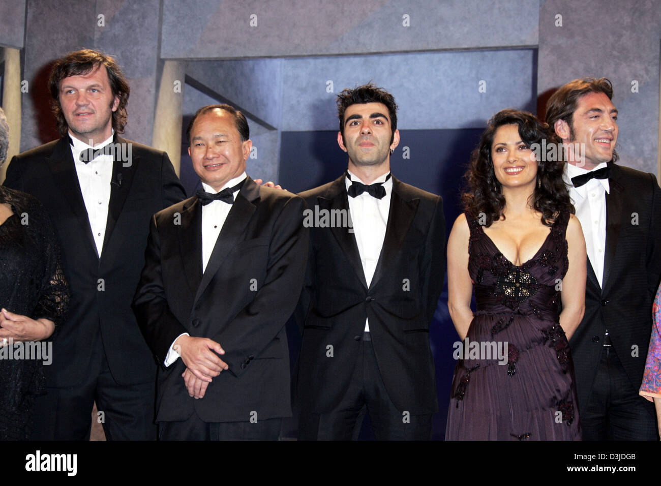 (dpa) - (from L) Film director Emir Kusturica, from Bornia and Hercegovina, Hong Kong film director  John Woo, German film maker Fatih Akin, Mexican actress Salma Hayek and Spanish actor Javier Bardem pose for a group picture as this year's member of the jury at the opening of the 58th International Film Festival in Cannes, France, 11 May 2005. Stock Photo