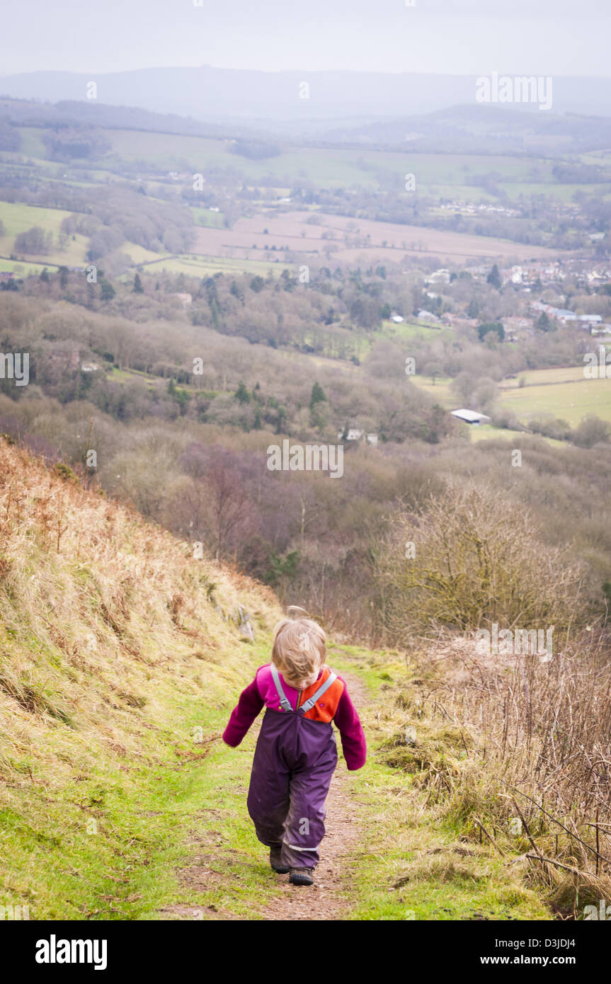 Walking toddler hiking up a hill in the Malverns Stock Photo Alamy