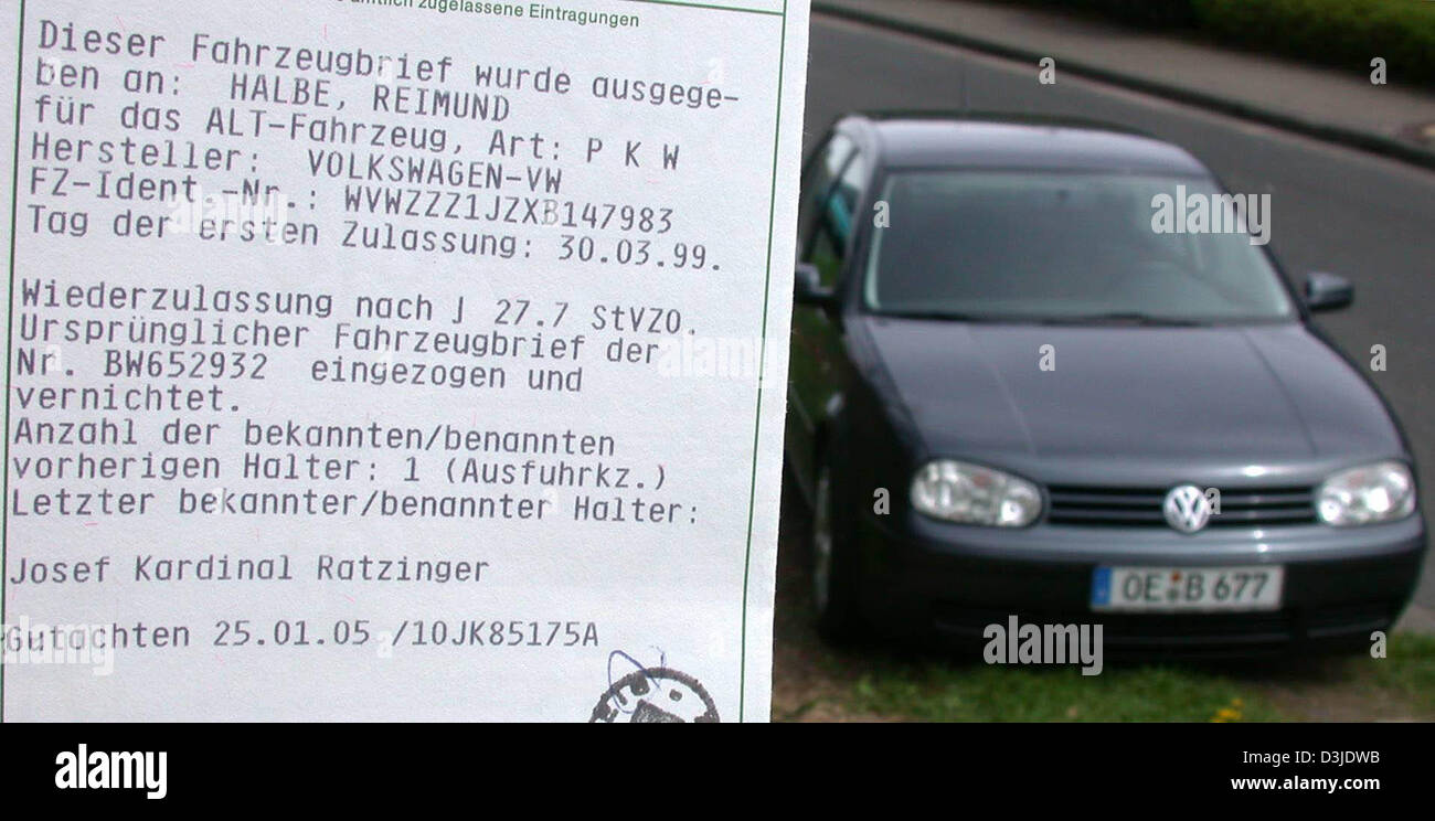 dpa) - The picture shows a VW Golf, and the corresponding car papers which  indicate, that the new Pope Benedict XVI was the previous owner of the car  in Duesseldorf, Germany, 28