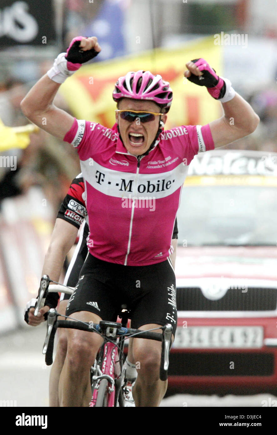 dpa Kazakh rider Alexandre Vinokourov of team T Mobile wins the ProTour Liege Bastogne Liege cycling race in Liege Belgium 24 April 2005. The traditional race leads over 260 kilometres from Liege to B...