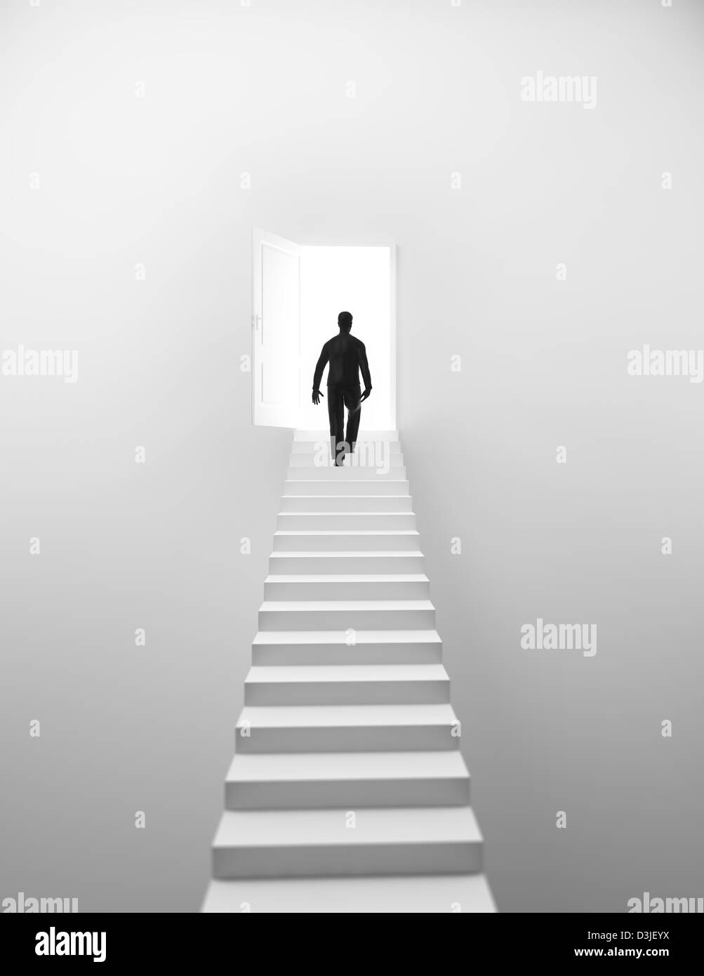 Man walking up the stairs to open doors Stock Photo