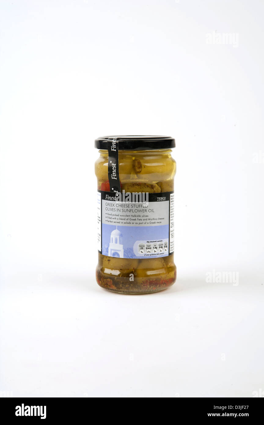 Tesco finest Olives shot in studio displayed against a white background. Stock Photo