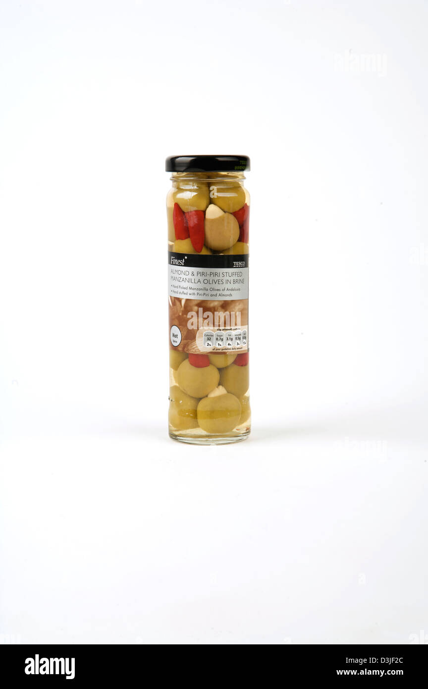 Tesco Finest Olives in a tall glass jar Stock Photo
