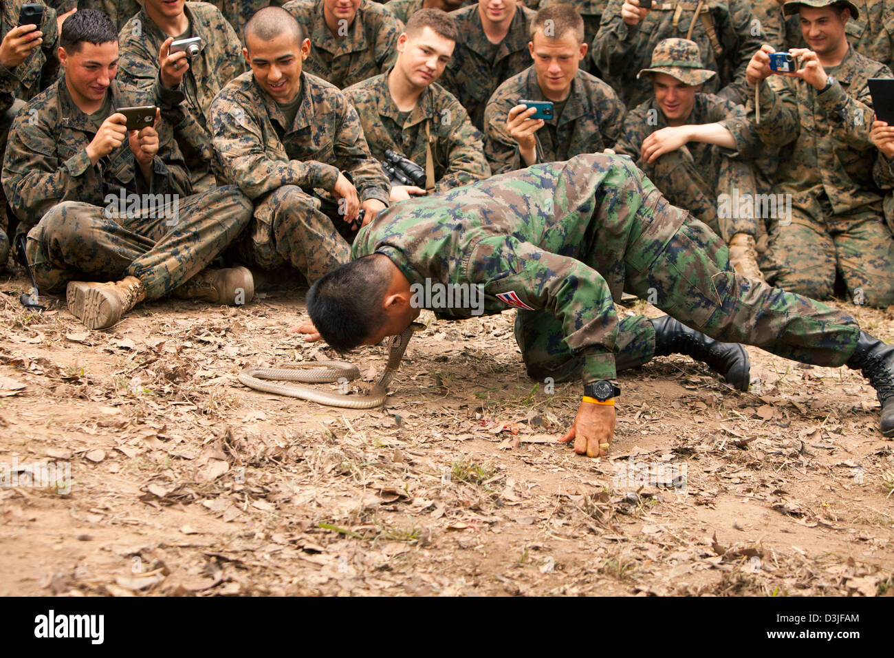 A Royal Thai Marine soldier demonstrates how to capture a live cobra snake to US Marines during a jungle survival course February 16, 2013 in Ban Chan Krem, Thailand. The class teaches Marines basic jungle survival techniques as part of Exercise Cobra Gold 2013. Stock Photo