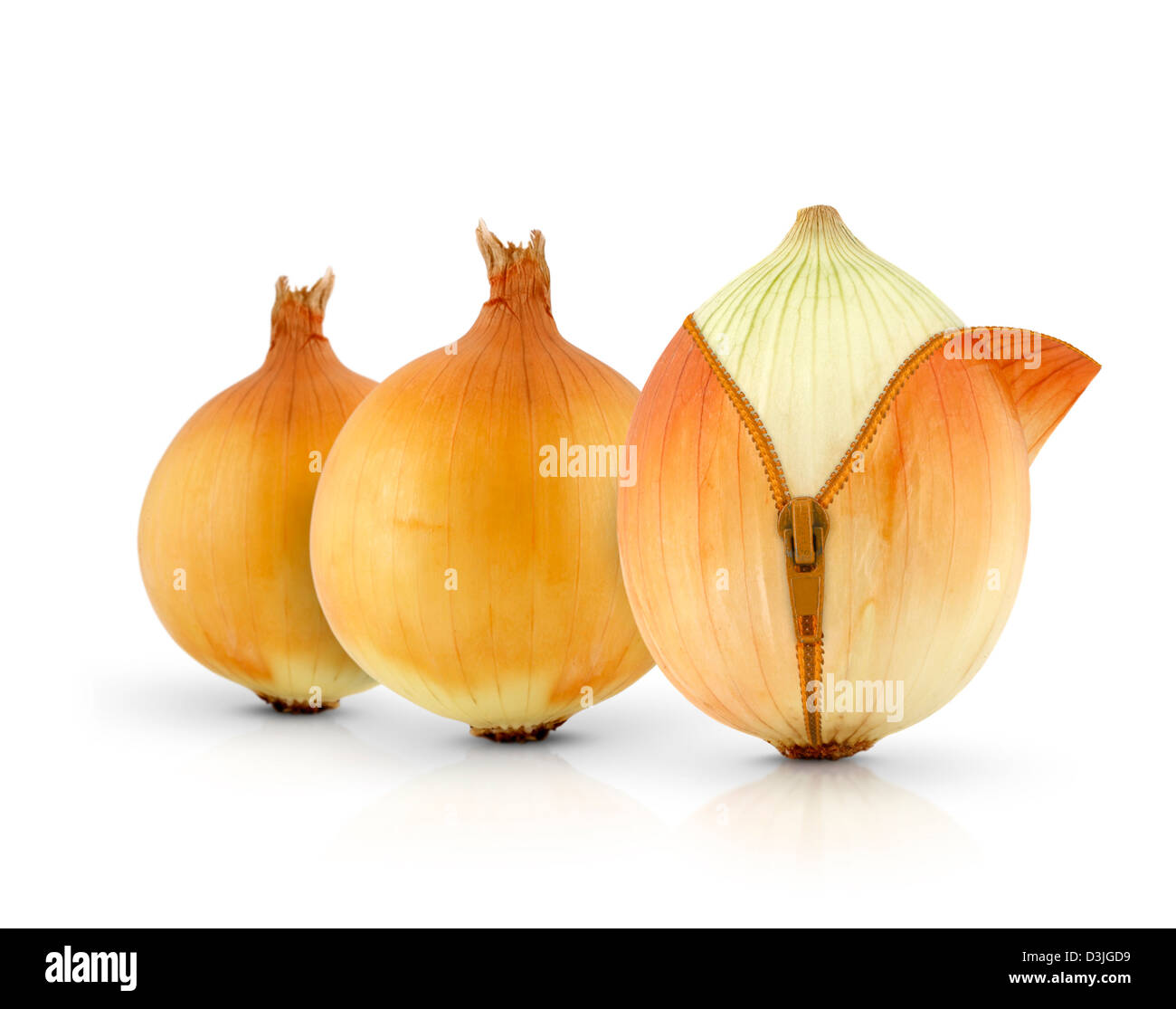 Ripe onions with zipper, creative concept Stock Photo