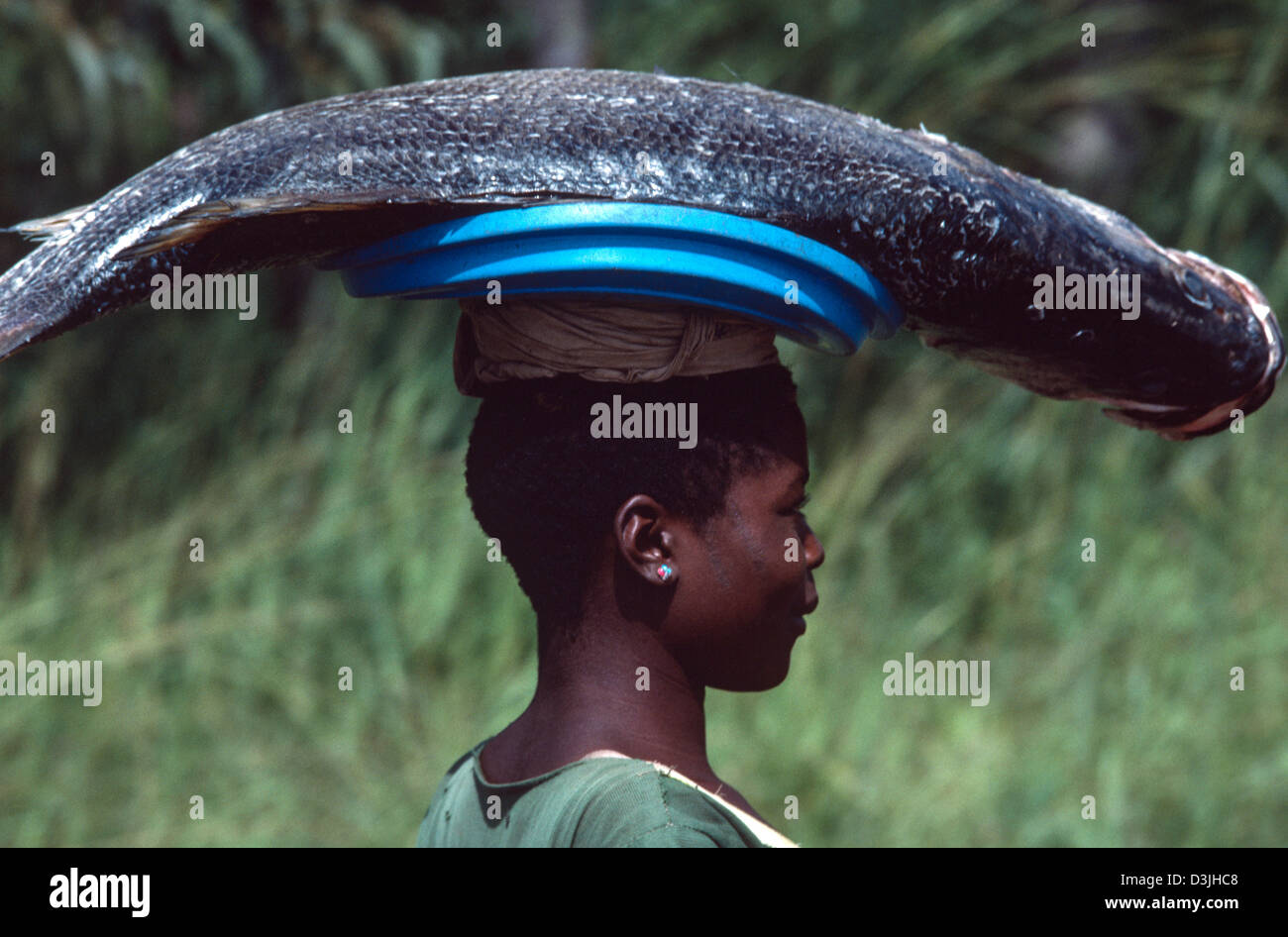 Close-up of a woman carrying Nile perch to market on her head. Mwanza, Tanzania Stock Photo