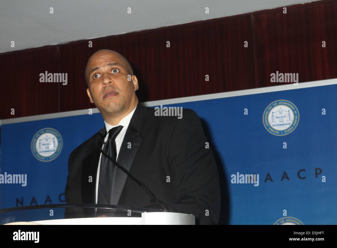 Feb. 15, 2013 - New York, New York, U.S. - EXCLUSIVE MAYOR CORY BOOKER OF NEWARK NEW JERSEY ATTENDS THE 97TH SPINGARN AWARD DINNER MARRIOTT MARQUIS HOTEL NYC 0N 2/15/2013.(Credit Image: © Mitchell Levy/Globe Photos/ZUMAPRESS.com) Stock Photo