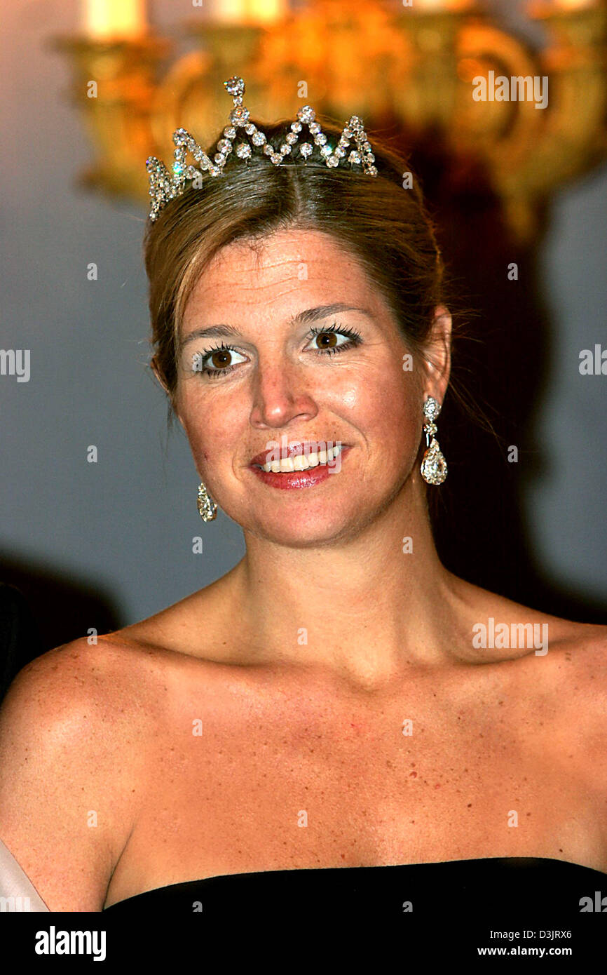 (dpa) - Crown Princess Maxima of the Netherlands smiles during the reception for Latvian President Vaira Vike-Freiberga in The Hague, the Netherlands, 18 January 2005. Stock Photo