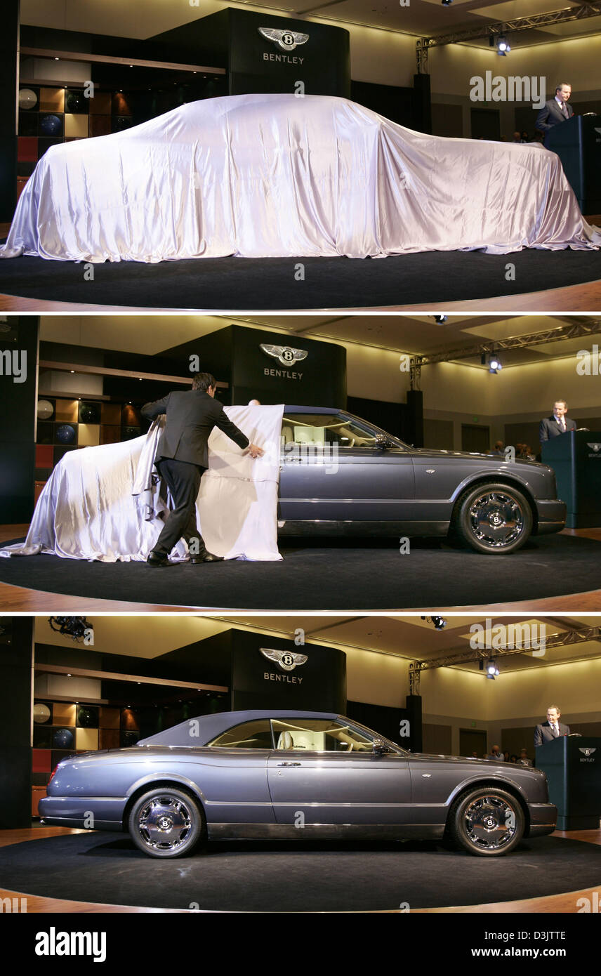 (dpa) - The picture combo shows a study of a Bentley car model being unveiled during an introduction of the car at the Los Angeles Motorshow in Los Angeles, California, USA, 5 January 2005. The new luxury car is expected to be put on the market by 2006. Stock Photo