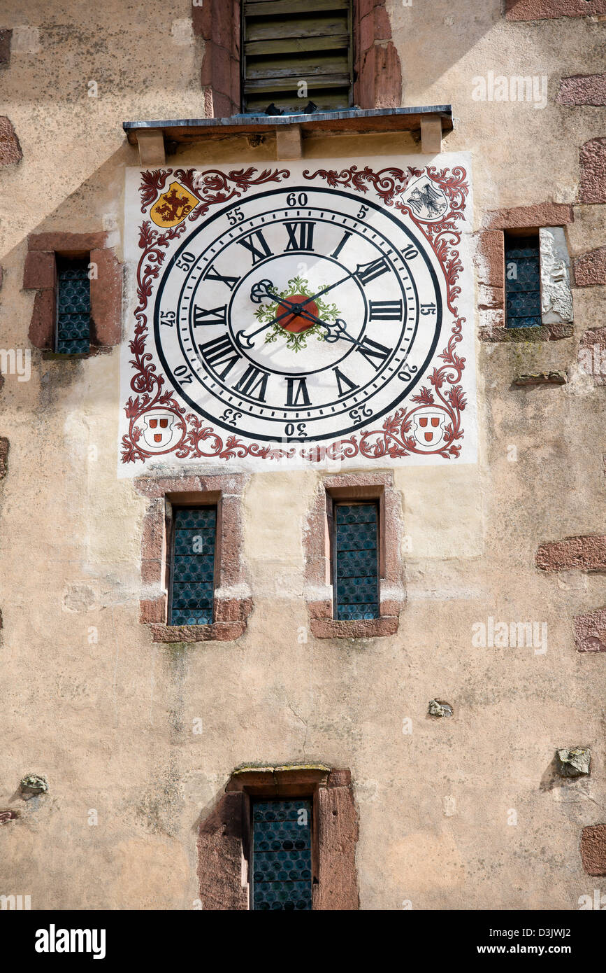 Close-up of Tower watch in Ribeauville, Haut Rhin, Alsace, France Stock Photo