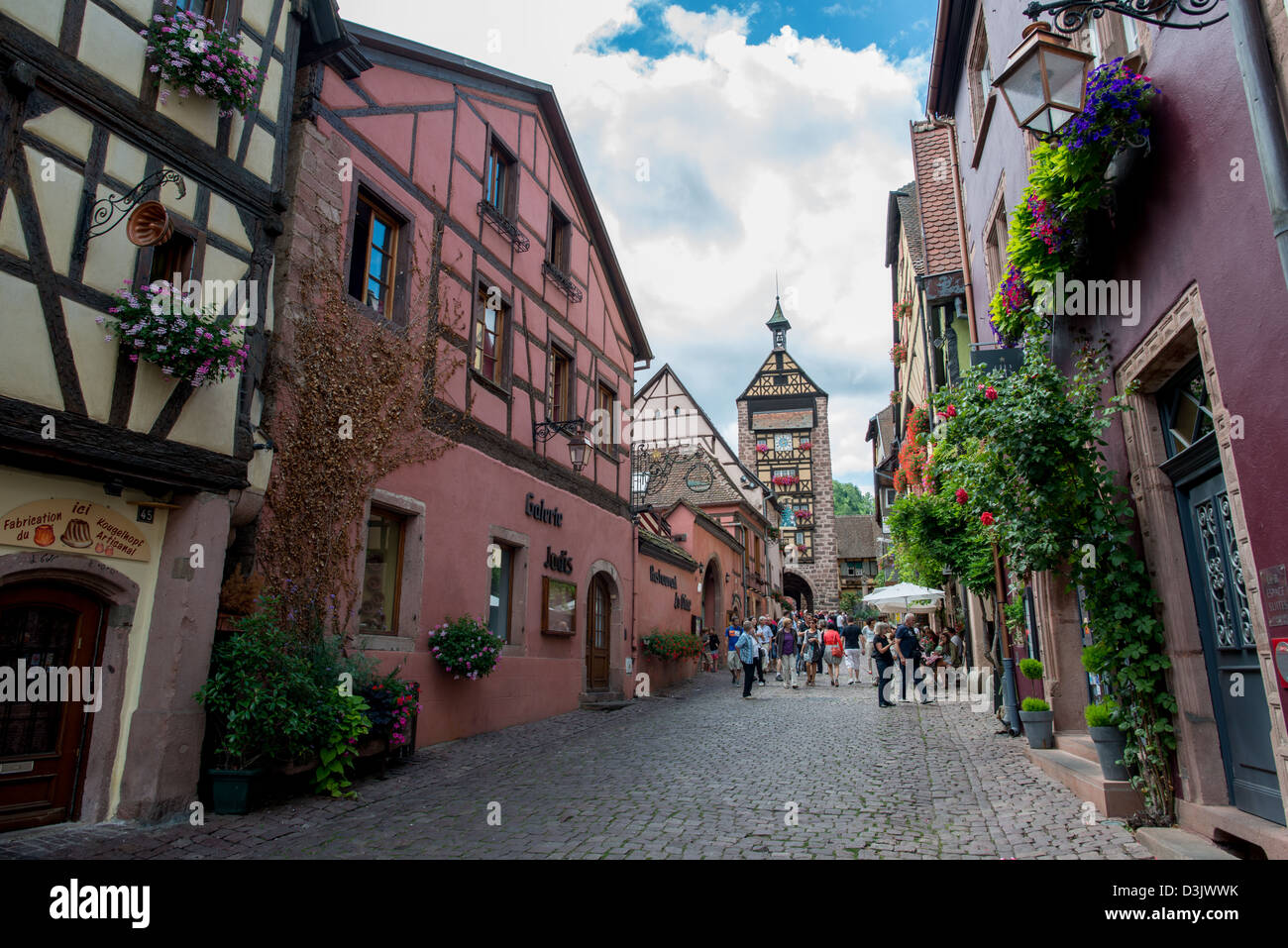 Streets in Riquewihr, Haut-Rhin, Alsace, Voges, France. Stock Photo