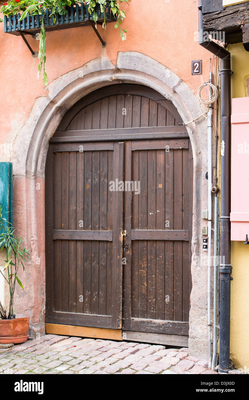 Old door in Riquewih, Haut-Rhin, Alsace, France Stock Photo