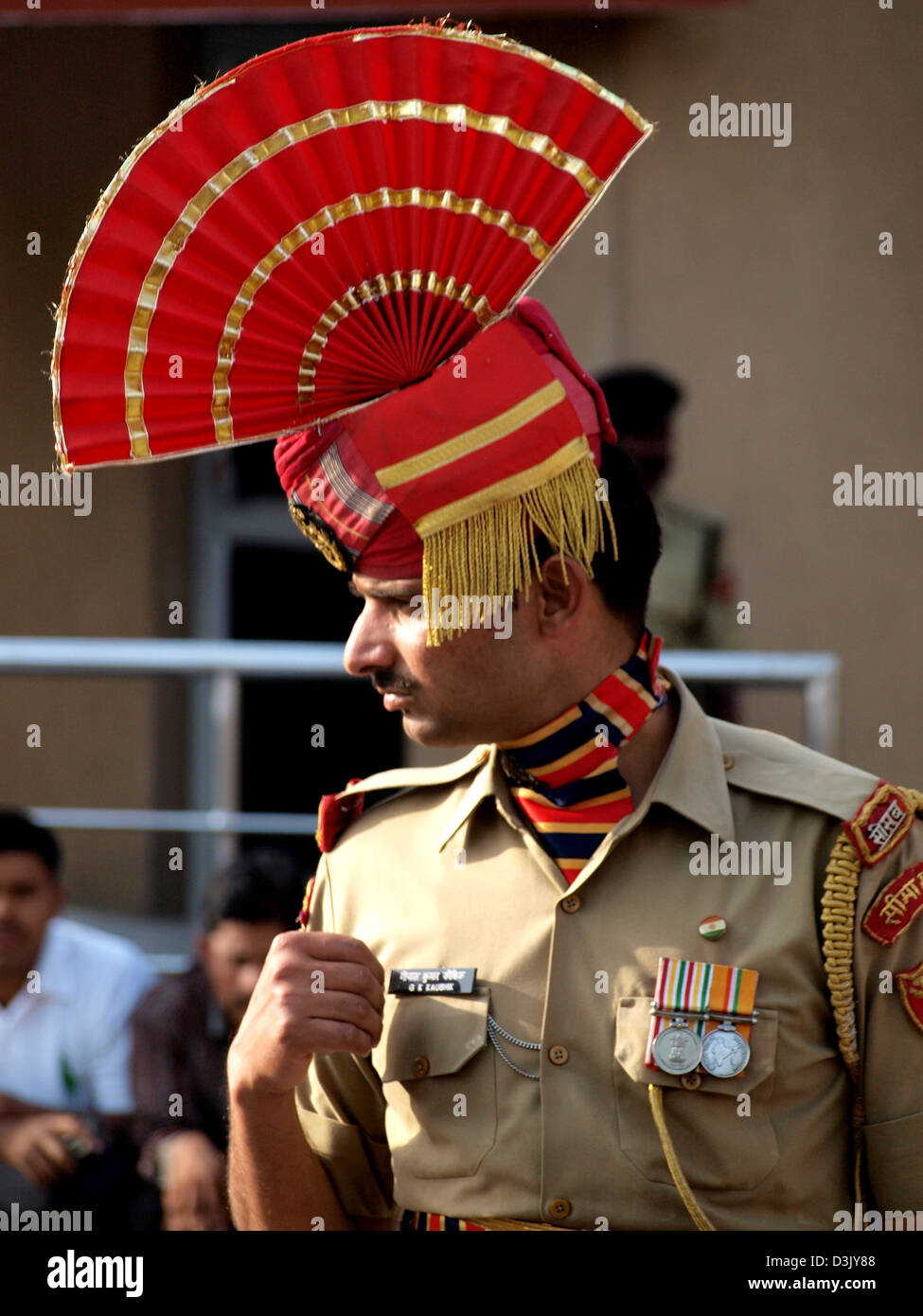 The Wagah border closing 'lowering of the flags' ceremony, a daily military practice at the India-Pakistan border near Amritsar. Stock Photo