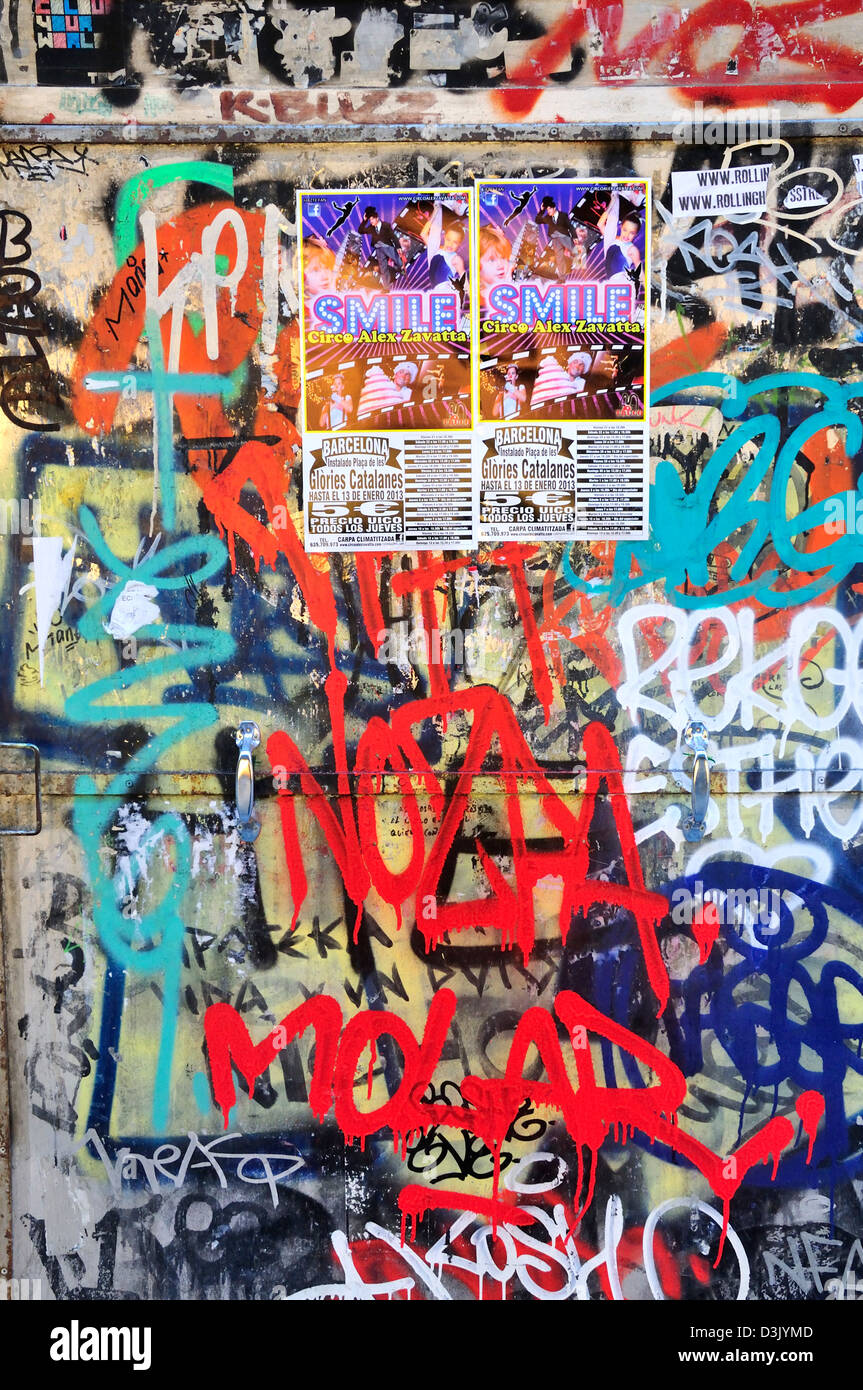 Barcelona, Catalonia, Spain. Graffiti and posters Stock Photo