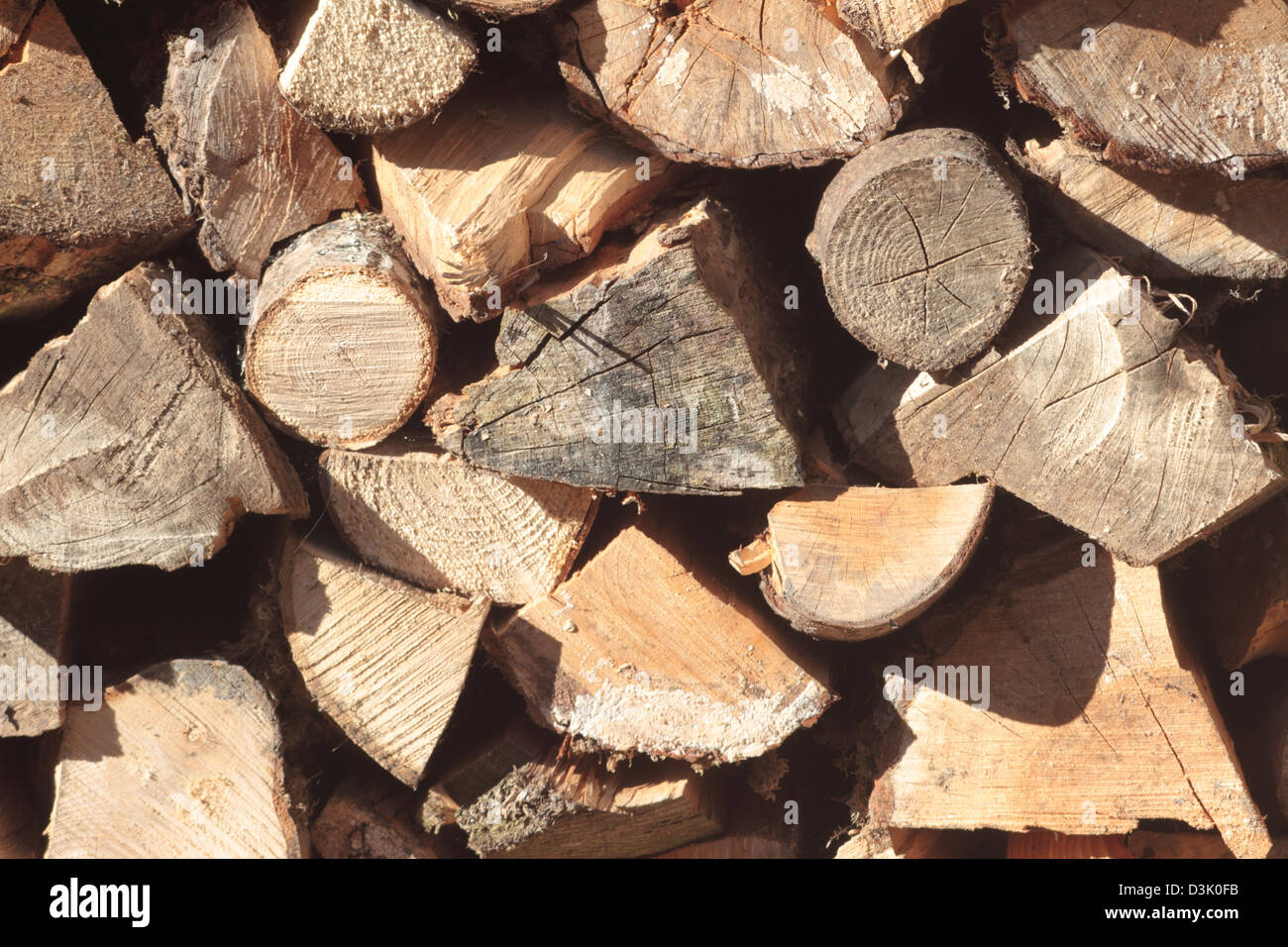 Stacked split logs ready for burning. UK Stock Photo
