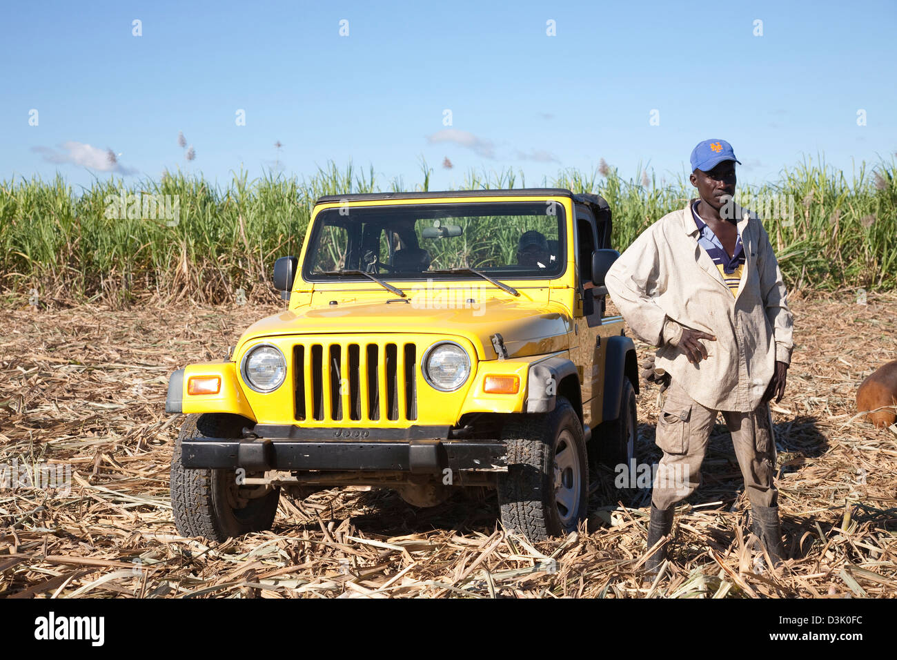 america, caribbean sea, hispaniola island, dominican republic, area of higuey, sugar cane plantation, off-road car and peasant Stock Photo