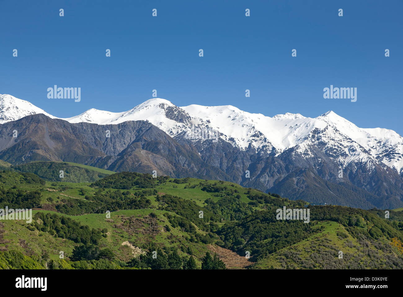 Seaward Kaikoura Range with snow on the mountains Stock Photo