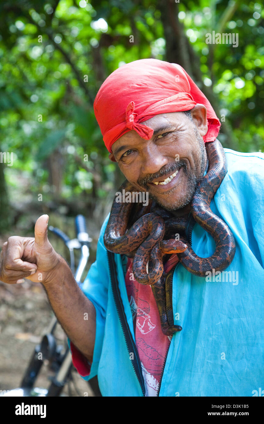 america, caribbean sea, hispaniola island, dominican republic, area of higuey, dominican man, snake boa Stock Photo