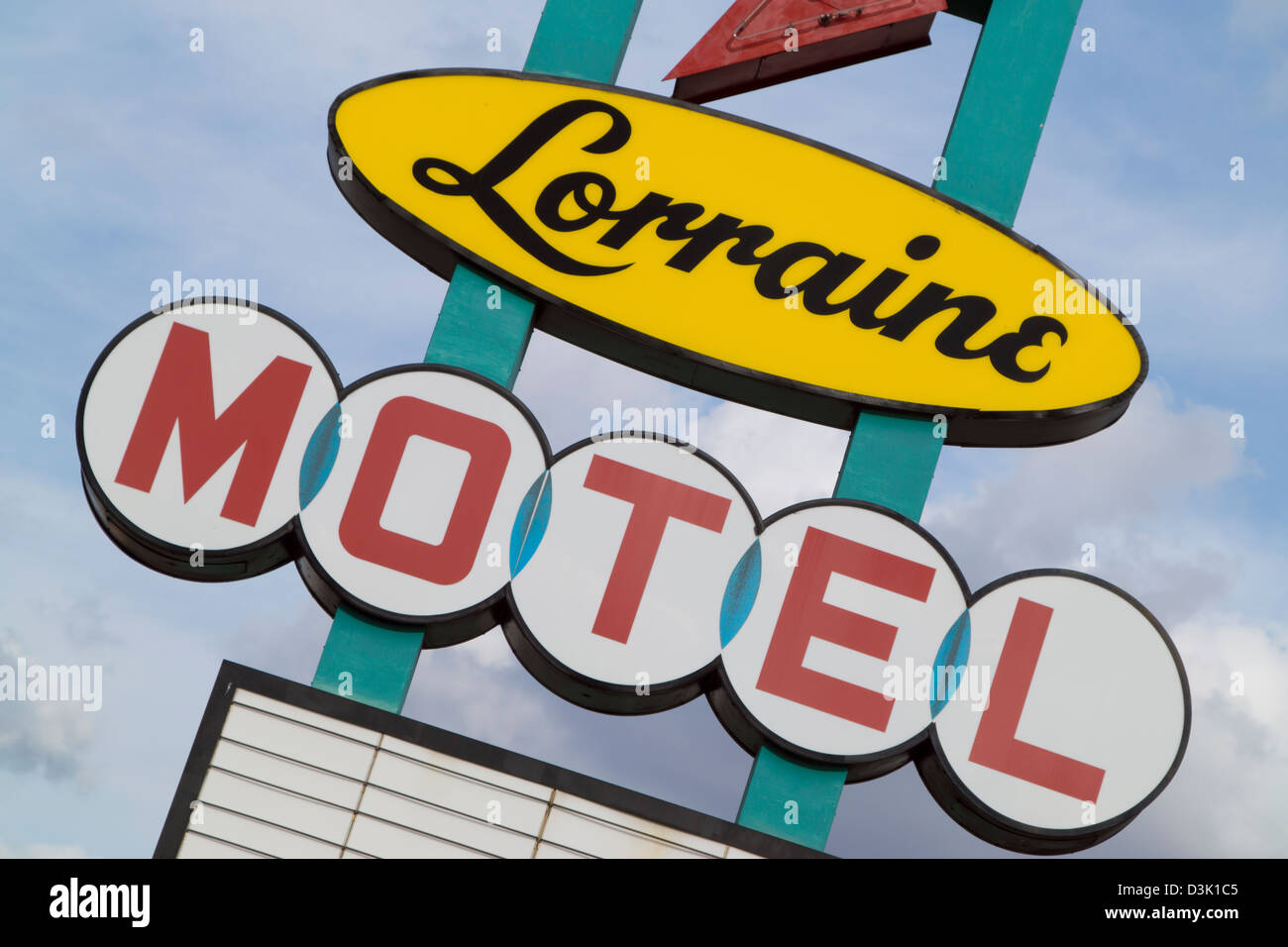 A sign for the Lorraine Motel, site of the National Civil Rights Museum in the historic district of Memphis, Tennessee. Stock Photo