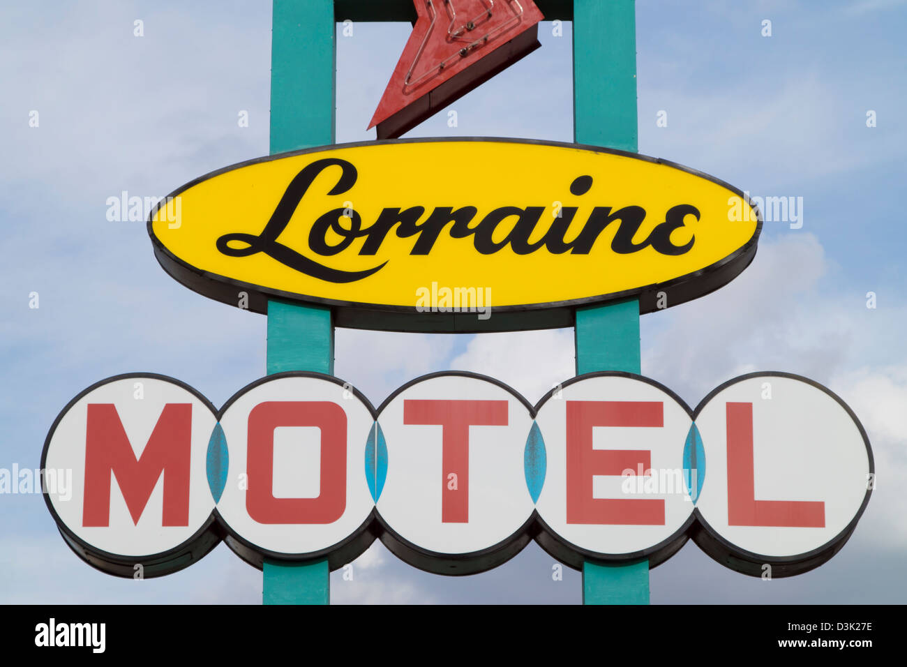A sign for the Lorraine Motel, site of the National Civil Rights Museum in the historic district of Memphis, Tennessee. Stock Photo