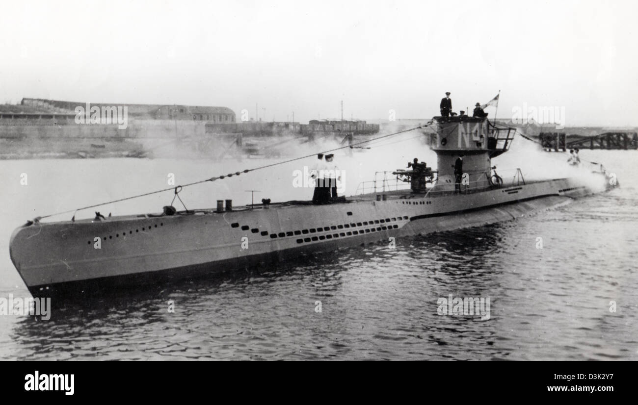 Royal Navy warship WW11. captured German U Boat in British service. Stock Photo
