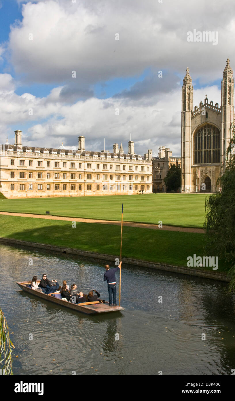 Punting on The Backs with grade 1 listed King's College and chapel in background Cambridge Cambridgeshire England Europe Stock Photo