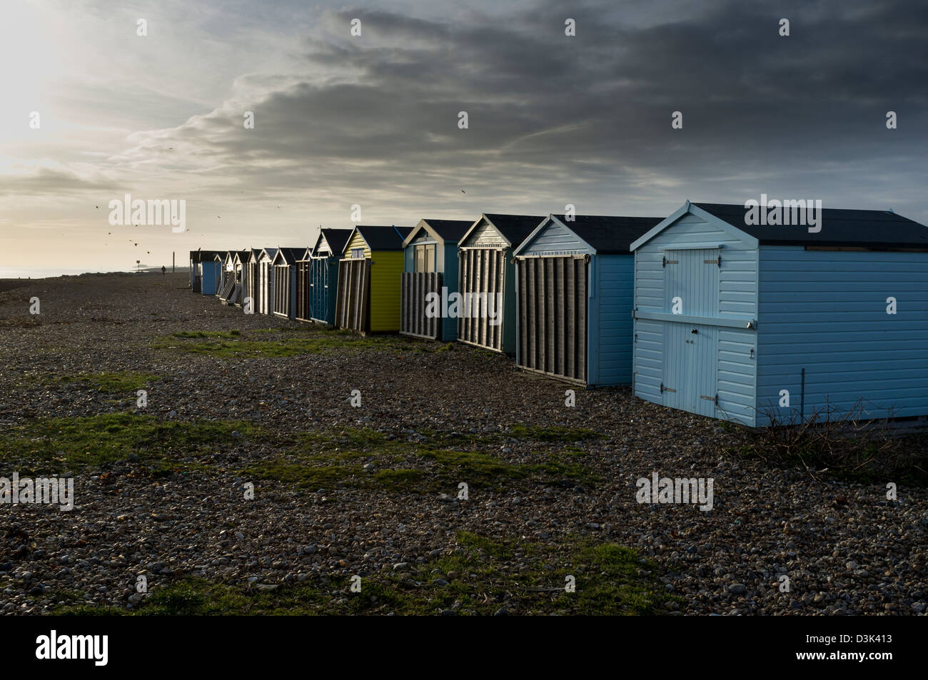 Beach huts in a evening light at Lancing Beach, West Sussex Stock Photo