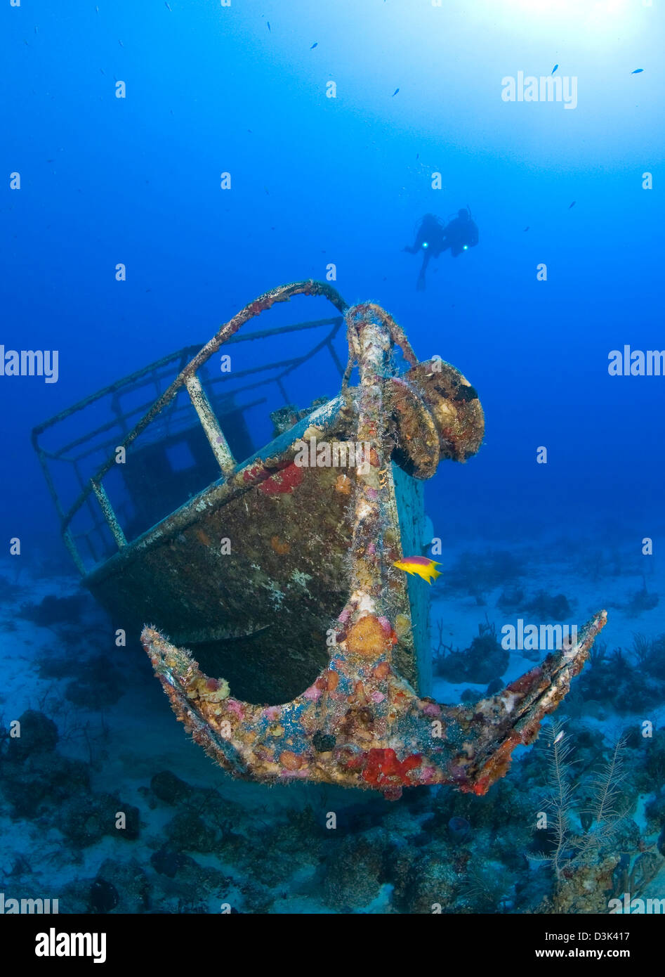 Divers visit the wreck of the Pelicano which sits on the bottom of the Caribbean Sea near Playa Del Carmen, Mexico. Stock Photo