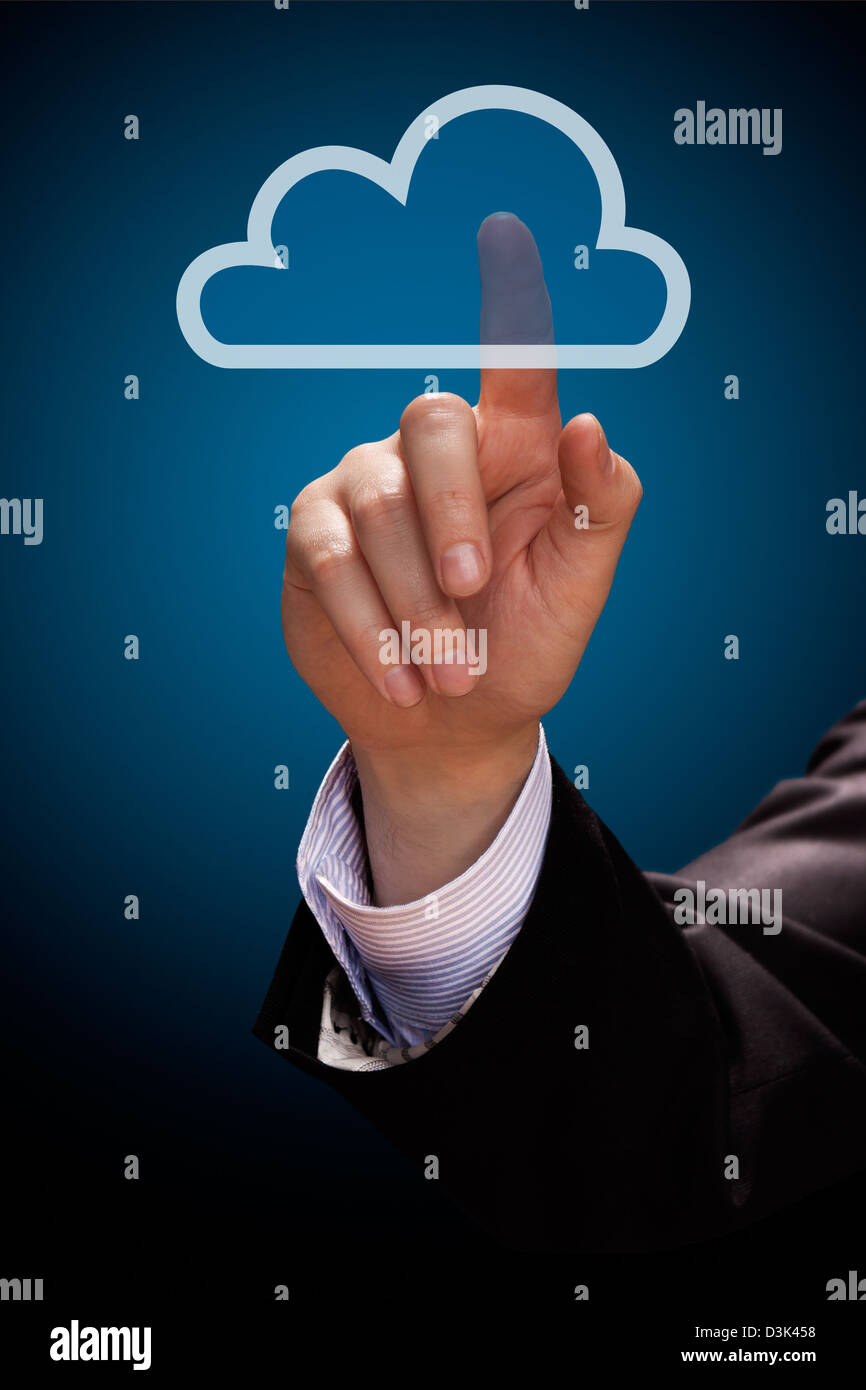 Cloud computing concept. Mans hand click on cloud icon Stock Photo