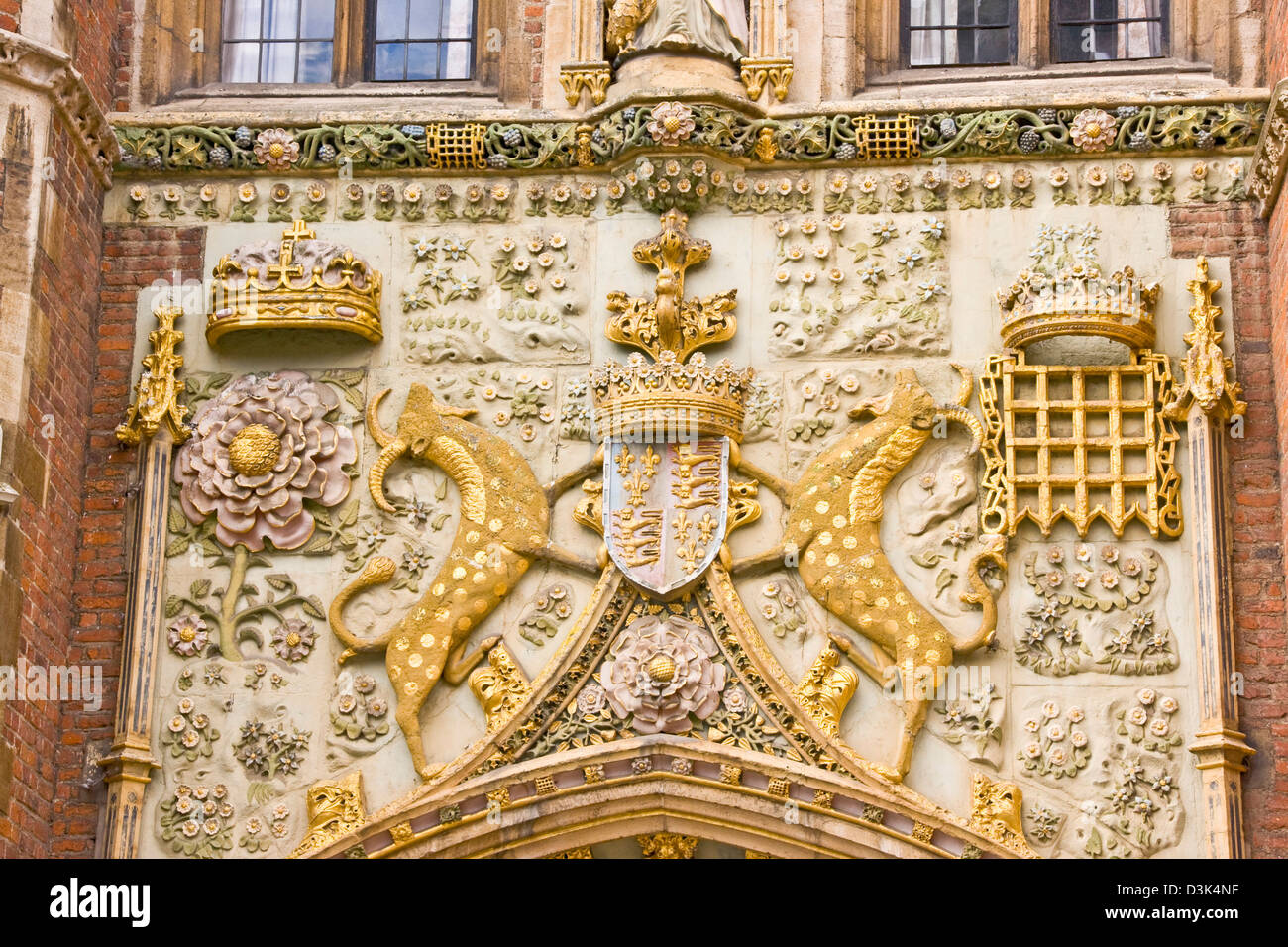 Ornate decorative crest coat of arms on gatehouse of grade 1 listed St John's College Cambridge Cambridgeshire England Europe Stock Photo