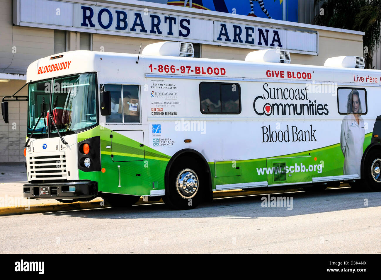 The Suncoast Communities Blood Bank Bus outside the Robarts Arena in Sarasota Florida Stock Photo