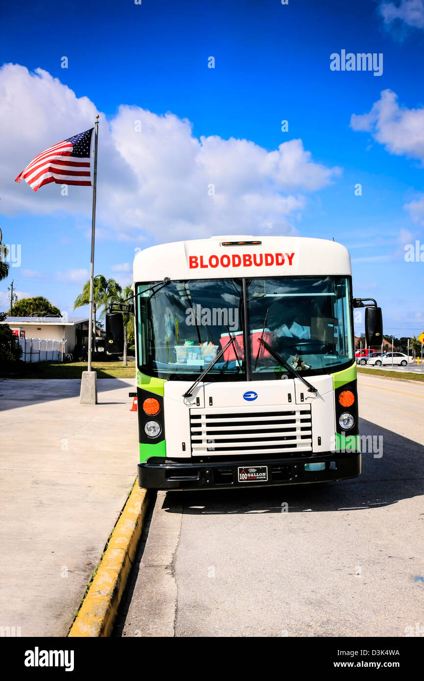 The Suncoast Communities Blood Bank Bus outside the Robarts Arena in Sarasota Florida Stock Photo