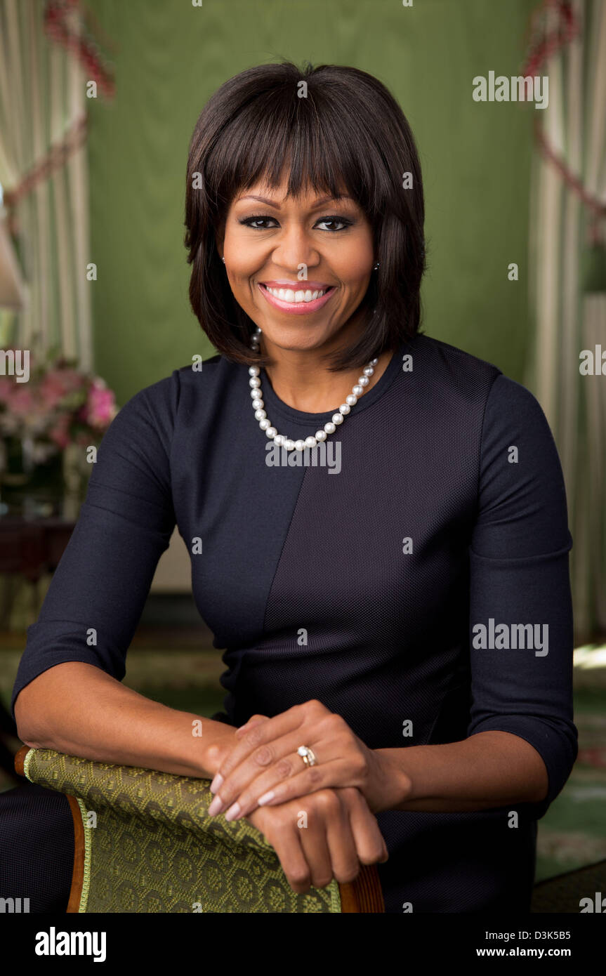 HANDOUT - Official portrait of First Lady Michelle Obama in the Green Room of the White House, Feb. 12, 2013. (Official White House Photo by Chuck Kennedy) This official White House photograph was made available on 20 February, 2013, only for publication by news organizations and/or for personal use printing by the subject(s) of the photograph. The photograph may not be manipulated in any way and may not be used in commercial or political materials, advertisements, emails, products, promotions that in any way suggests approval or endorsement of the President, the First Family, or the White Hou Stock Photo