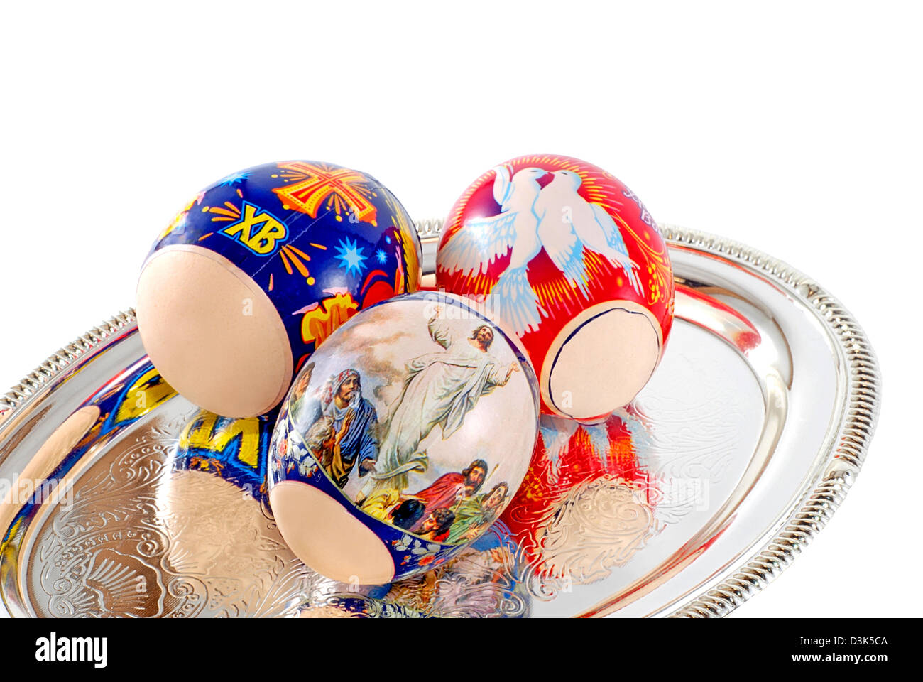 Easter eggs are photographed on a silver dish Stock Photo