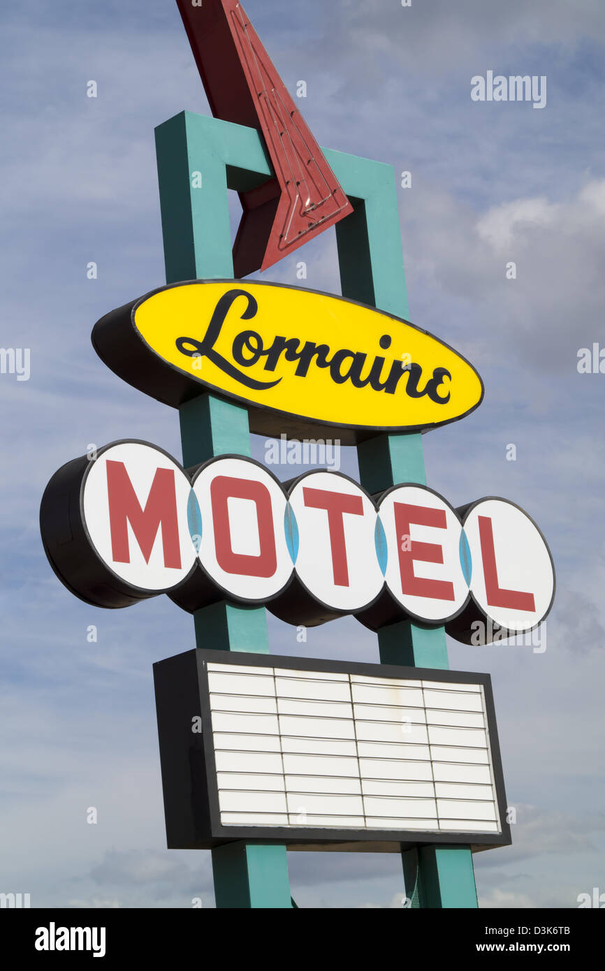 A sign for the Lorraine Motel, site of the National Civil Rights Museum in the historic district of Memphis, Tennessee. Stock Photo