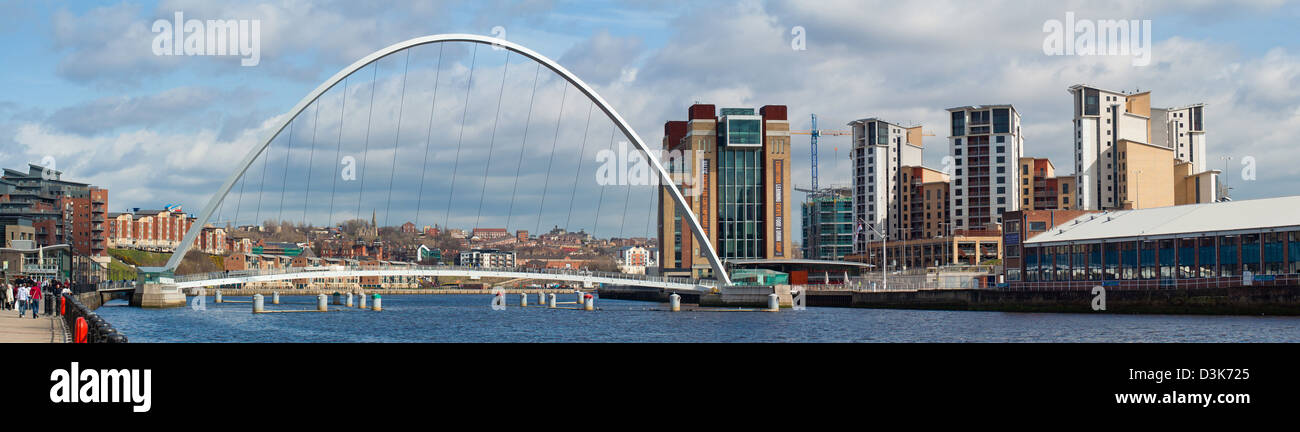 Panorama of The Baltic Centre for Contemporary Art and The Millennium Bridge at Gateshead Quays Stock Photo