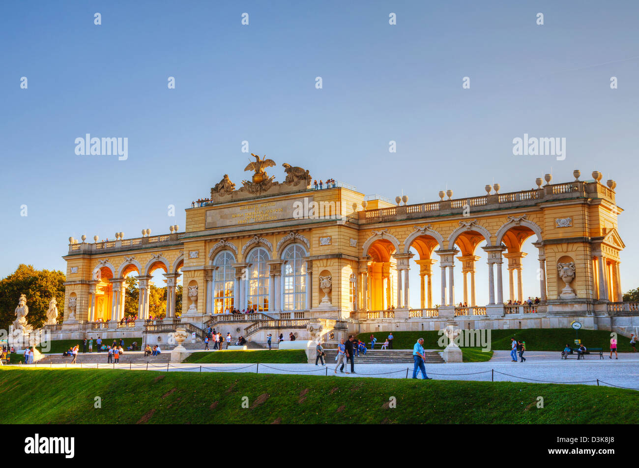 Gloriette Schonbrunn at sunset in Vienna. It's the largest and most well-known gloriette in Vienna. Stock Photo