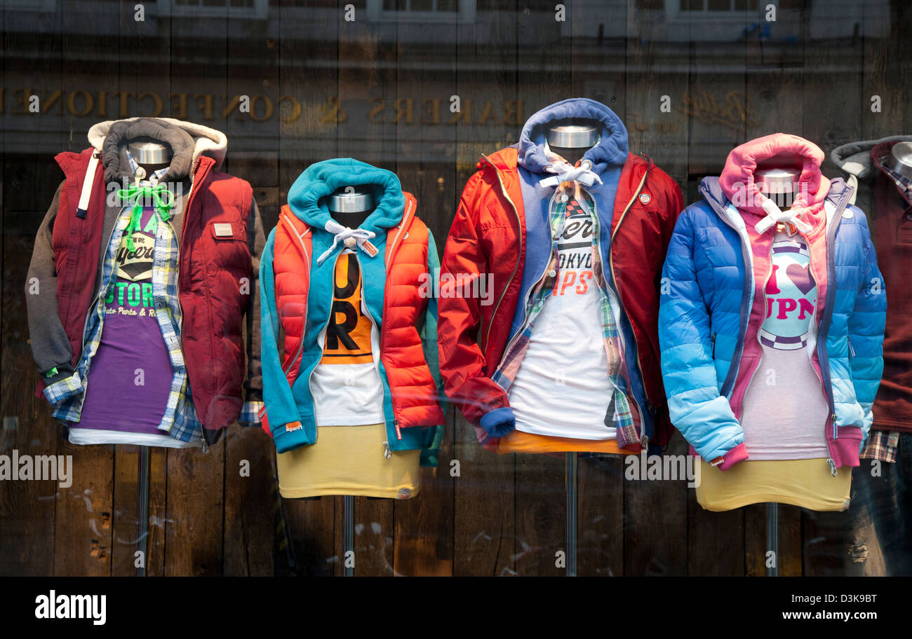 Superdry coat, clothes retailing, winter parka coats clothing, fabric, USA  fashion logo, shape & branding window display in York, Yorkshire, UK Stock  Photo - Alamy