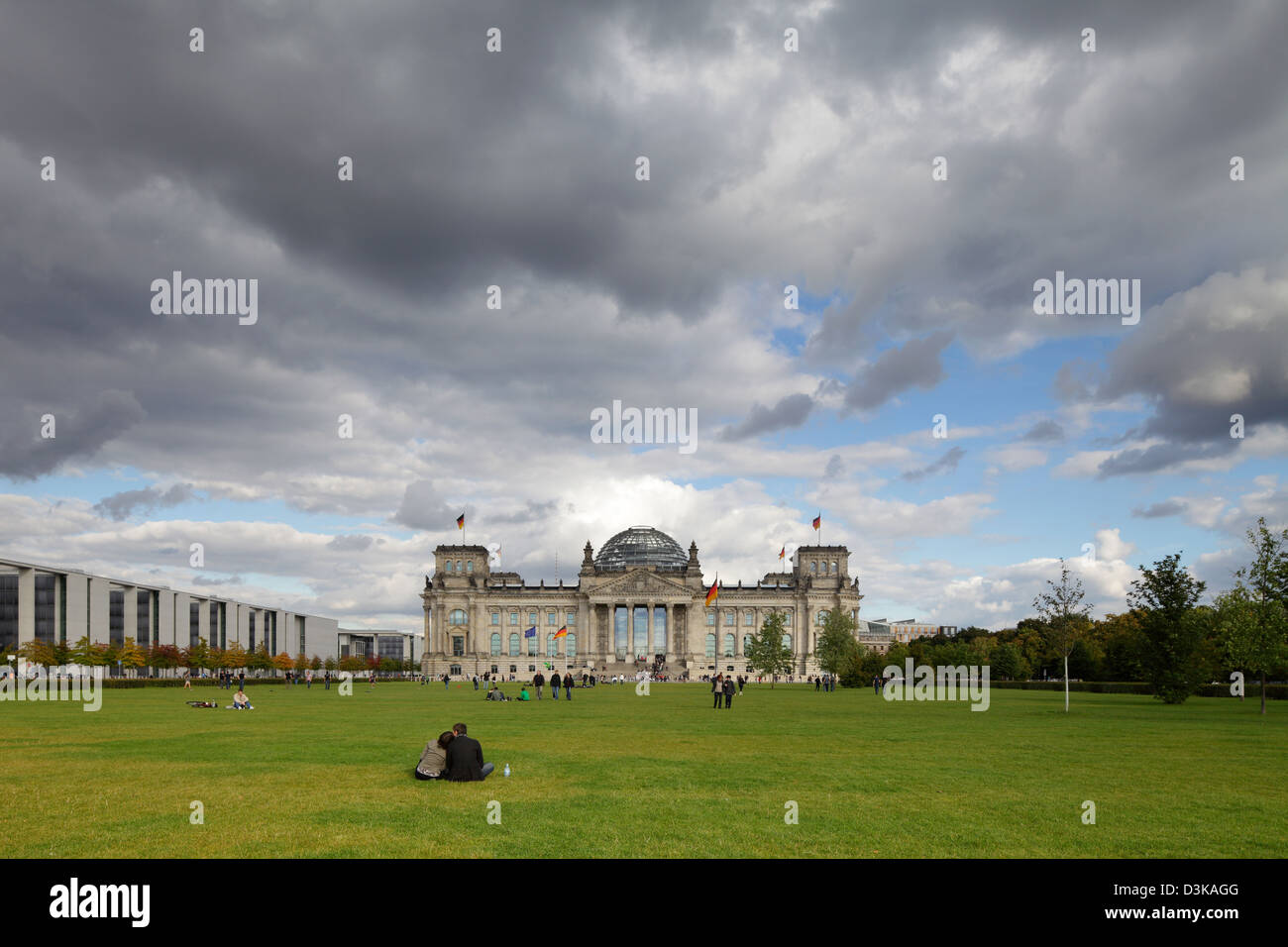 Berlin, Germany, dark clouds over the Reichstag and the Republic Square ...