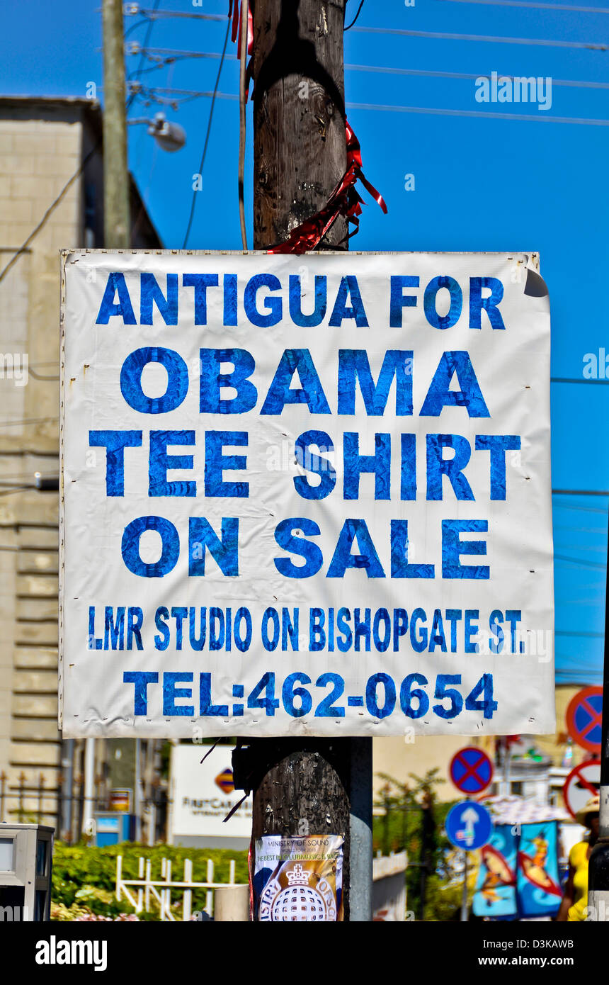 Antigua for Obama tee shirt on sale poster sign in the Caribbean. Stock Photo