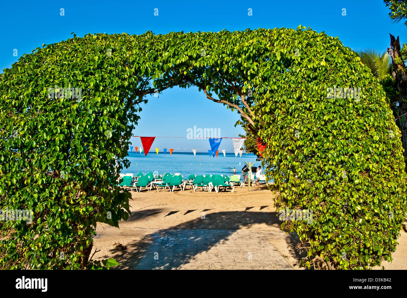 Hedge shaped to form an arch leading to Negril beach, Riu Palace Tropical Bay all-inclusvie resort Stock Photo