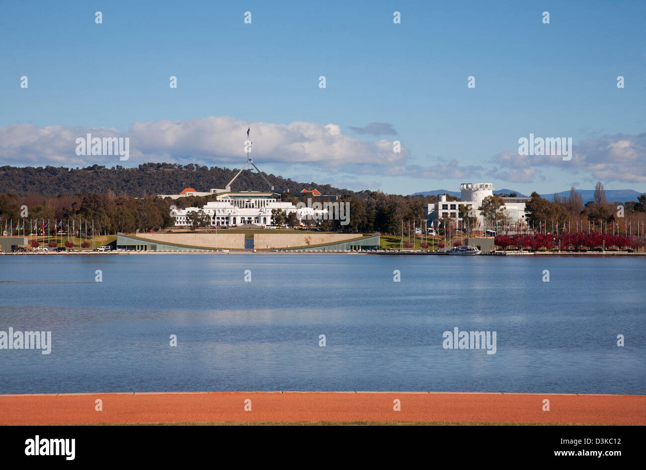 View of Australia's Parliament Houses from across Lake Burley Griffin Canberra Australia Stock Photo