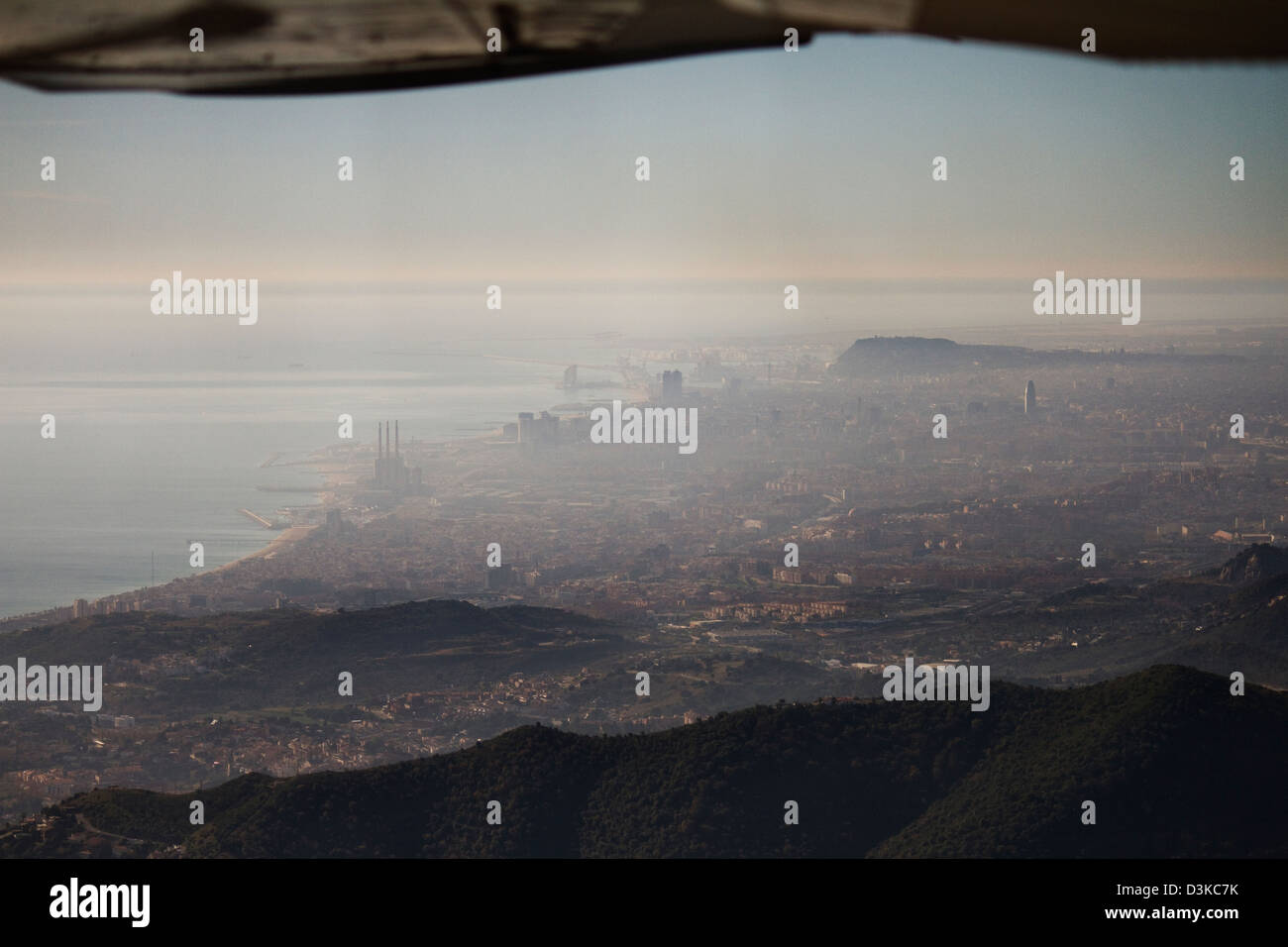 Barcelona panorama view from Cessna airplane Stock Photo